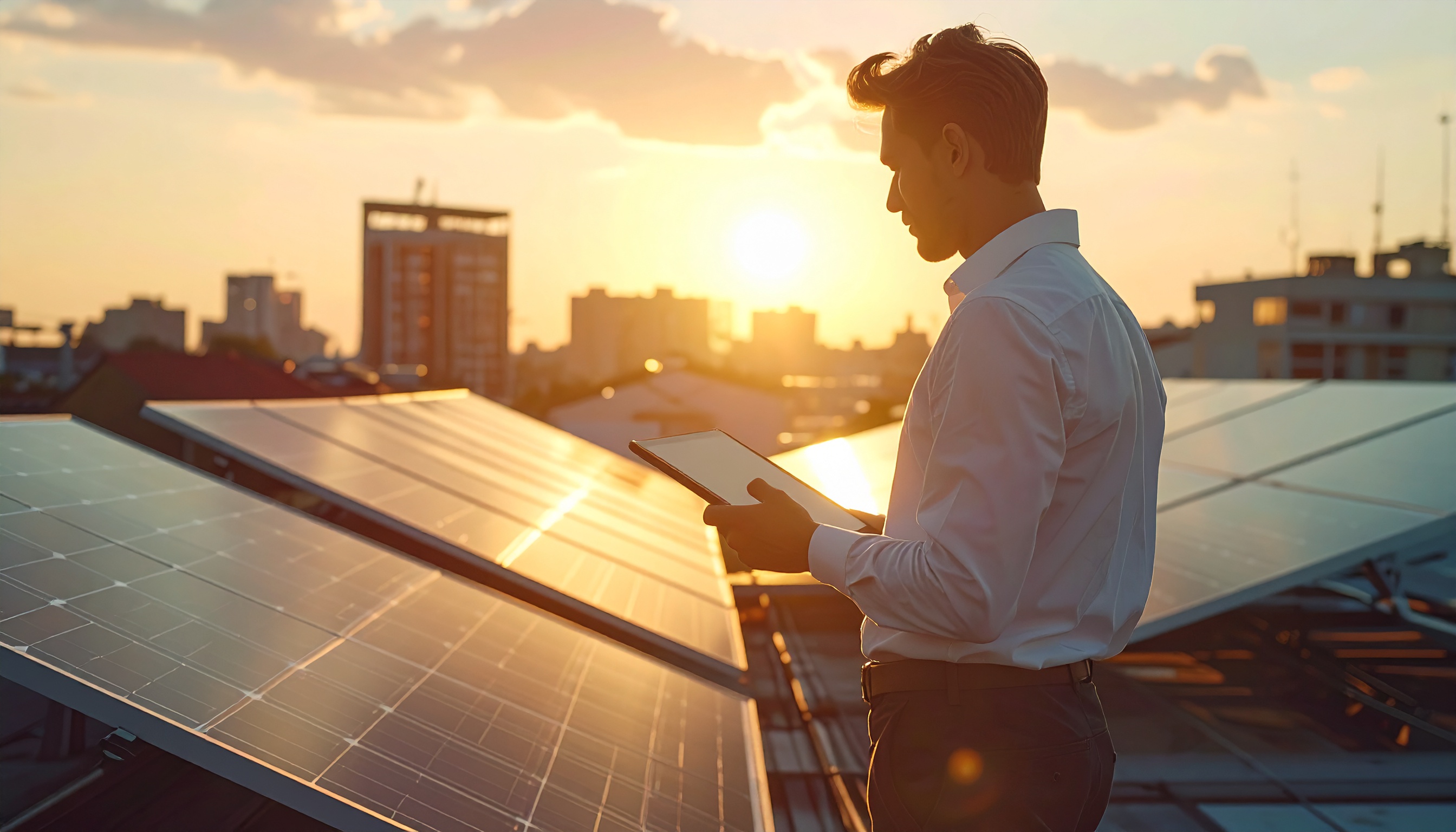 Homem em um telhado com painéis solares ao pôr do sol em uma cidade moderna, simbolizando energia renovável e inovação tecnológica, com atmosfera tranquila e foco na sustentabilidade.